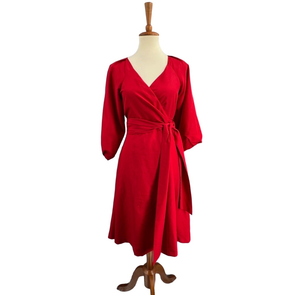 Carolina Williamson Wrap Dress Red V-Neck Balloon Sleeves Tie Waist‎ Small